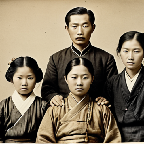 Home 4 **An old, faded photograph depicting a heroic-looking ancestor of the Choi family.** The image should convey a sense of legend and perhaps a hint of mystery, evoking a sense of bravery and strong family identity.