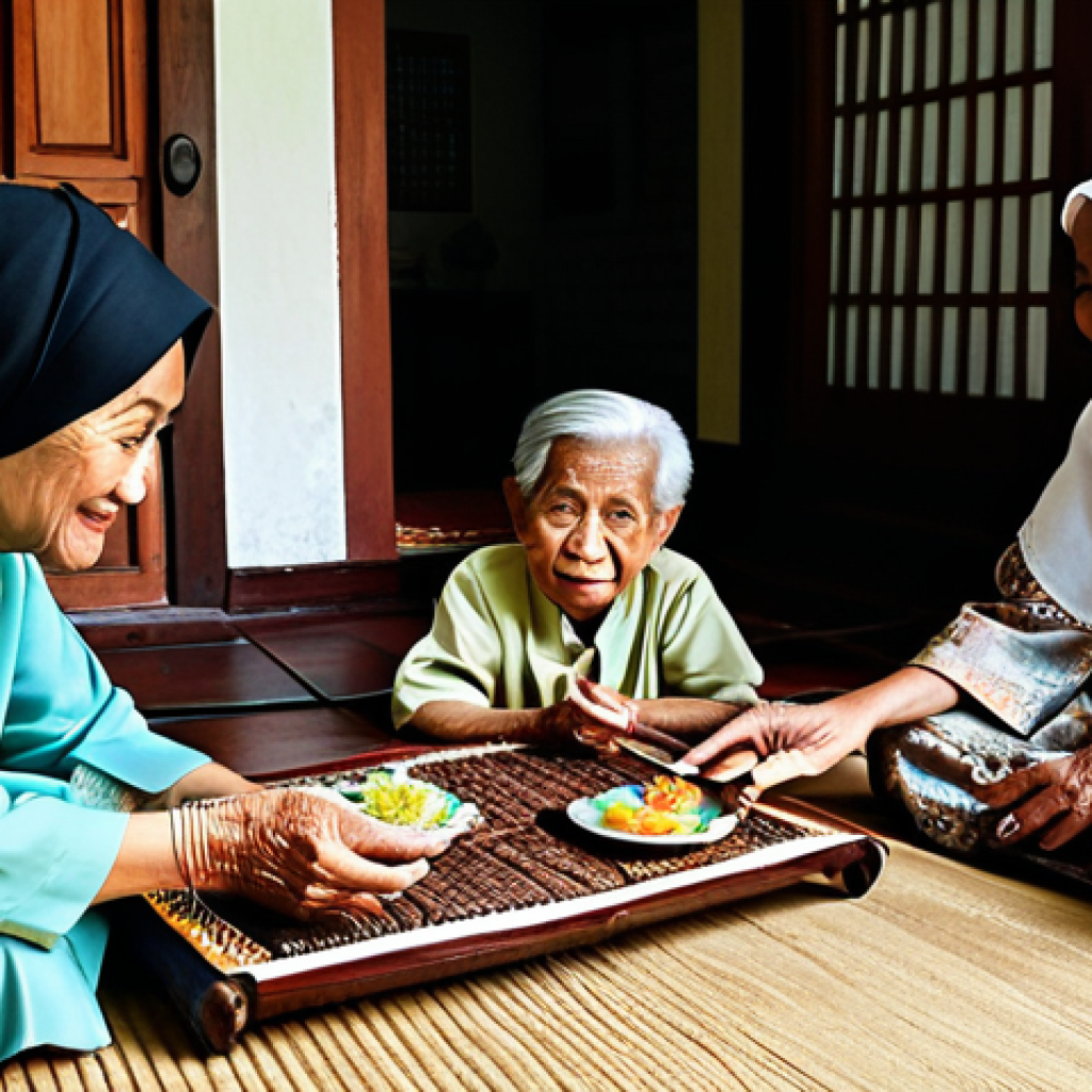 **

"A loving Malaysian family, fully clothed in modest traditional attire (e.g., baju kurung, baju melayu), gathered around an elderly woman (grandmother) who is telling stories. The setting is a comfortable living room in a traditional Malay house, complete with woven mats and wood carvings.  The scene is warm and inviting, illustrating the passing down of family history.  Safe for work, appropriate content, family-friendly, professional photography, perfect anatomy, natural proportions, well-formed hands, proper finger count."

**