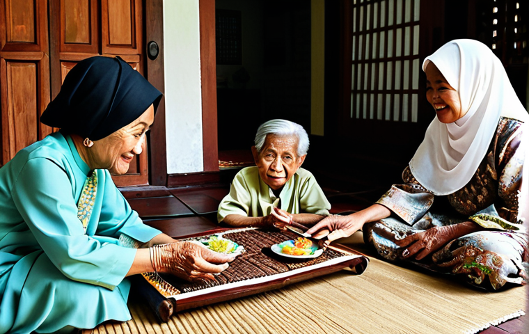 **

"A loving Malaysian family, fully clothed in modest traditional attire (e.g., baju kurung, baju melayu), gathered around an elderly woman (grandmother) who is telling stories. The setting is a comfortable living room in a traditional Malay house, complete with woven mats and wood carvings.  The scene is warm and inviting, illustrating the passing down of family history.  Safe for work, appropriate content, family-friendly, professional photography, perfect anatomy, natural proportions, well-formed hands, proper finger count."

**