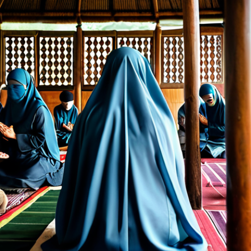 Praying at a Kenduri Arwah**

A group of fully clothed Muslim women and men are praying together at a Kenduri Arwah in a kampung house, appropriate attire, safe for work, perfect anatomy, natural proportions, family-friendly gathering, soft lighting, high quality, professional photography. Focus on the imam leading the prayer and the serene expressions of the attendees.

**